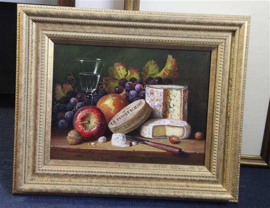 Raymond Campbell (b.1956) Still life with a glass of wine, cheese and fruit 11.5 x 15.5in.